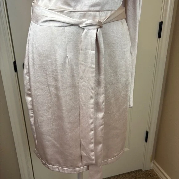 NWT Aakaa Champagne One Shoulder Lined Mini Dress w/ Ruffle Accent and Tie Belt - Picture 3 of 16
